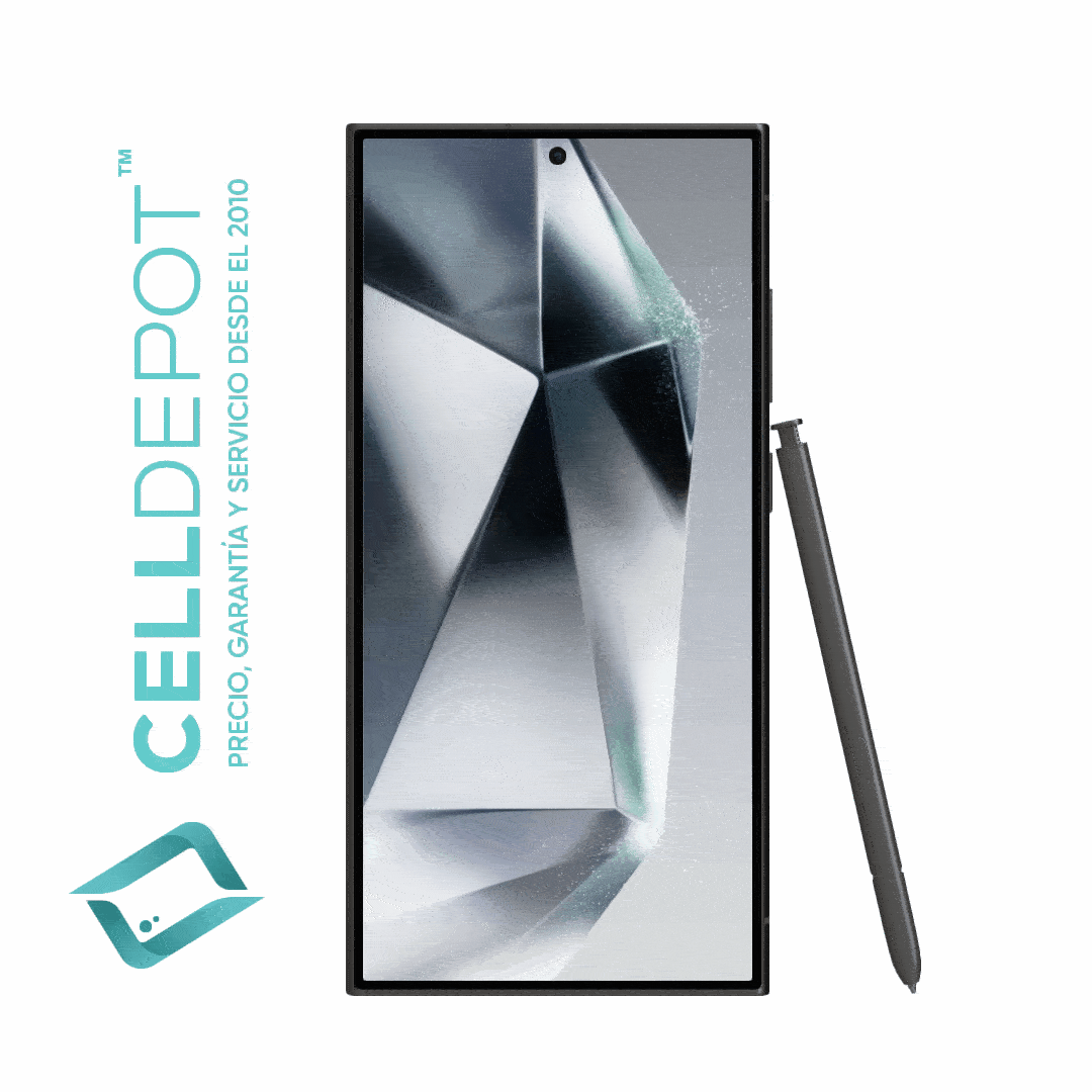 Samsung S24 Ultra Titanium Black Vista 360 - Imagen que resalta la frontal del S24 Ultra en tono Negro. Muestra con detalle la pantalla de vanguardia y el diseño elegante del dispositivo, destacando su atractivo color Negro y las características distintivas del S24 Ultra.