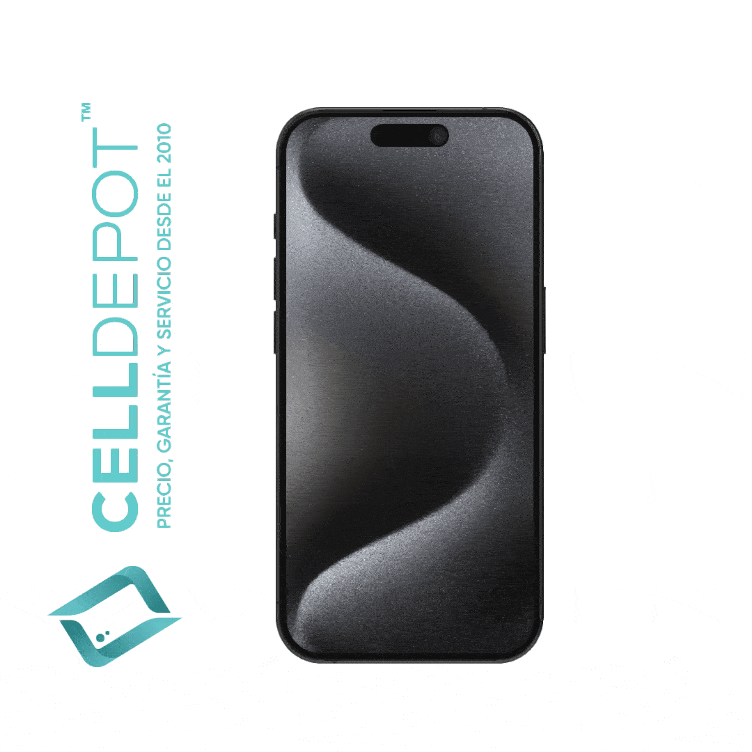 iPhone 15 Pro Black Titanium Vista 360 - Imagen que resalta la frontal del 15 Pro en tono Negro. Muestra con detalle la pantalla de vanguardia y el diseño elegante del dispositivo, destacando su atractivo color Negro y las características distintivas del 15 Pro.